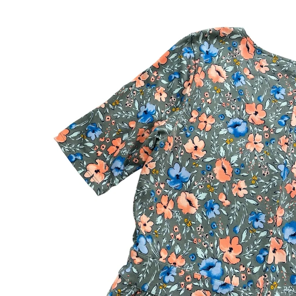 Lands’ End Womens Medium Gray Blue Orange Floral Short Sleeve Midi T-shirt Dress - Picture 12 of 16